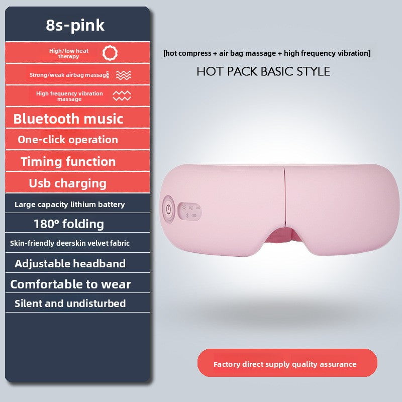 Pink hot pack basic style eye massager shown on a light gray gradient background with a dark blue feature list panel on the left highlighting Bluetooth music, one-click operation, USB charging, 180-degree folding, and other benefits.