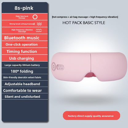 Pink hot pack basic style eye massager shown on a light gray gradient background with a dark blue feature list panel on the left highlighting Bluetooth music, one-click operation, USB charging, 180-degree folding, and other benefits.