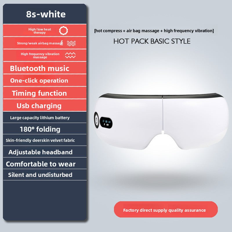 White 8S smart eye massager featuring airbag pressure, heat therapy, high-frequency vibration, and 180-degree folding design