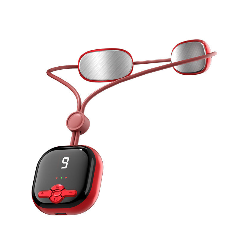 Red and silver massager with a digital display on a white background