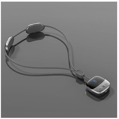 Necklace-like neck Massager with a small screen and buttons on a gray background