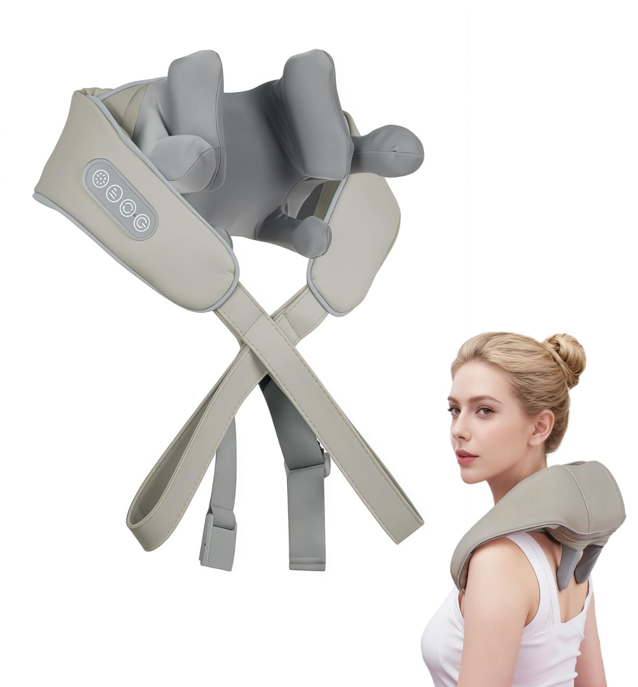 Woman wearing a shoulder and neck massager with heat therapy for upper back tension relief.