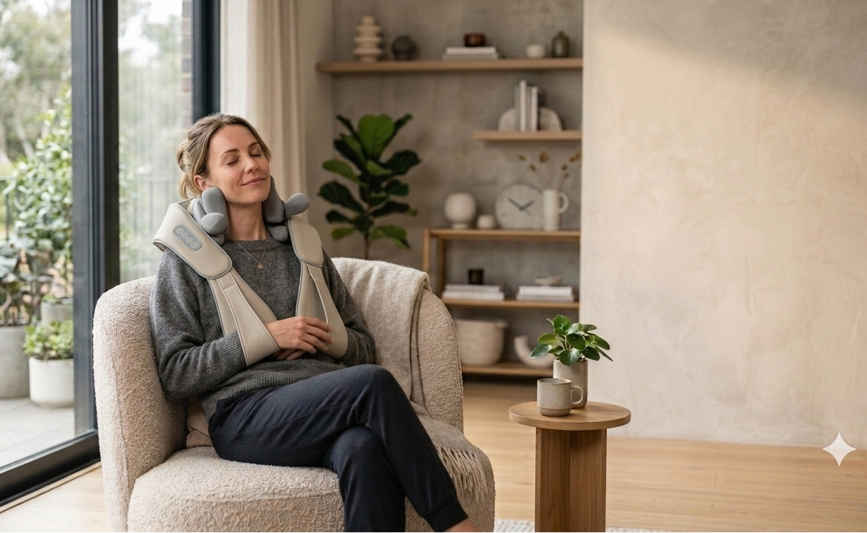 A woman sits relaxed at home wearing a light beige neck and shoulder massager. 