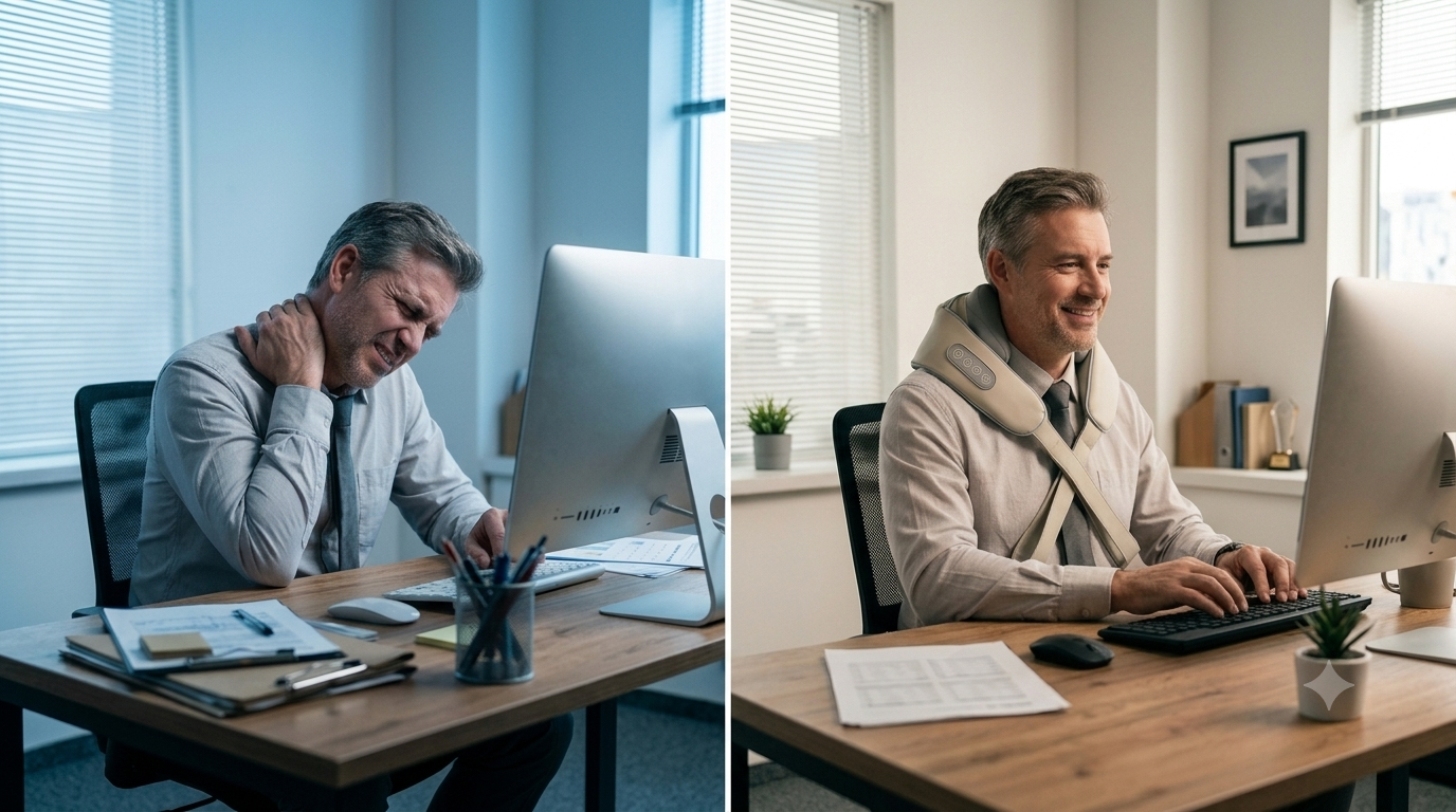 A split-screen lifestyle image showing a man in an office setting. On the left, he is shown in discomfort, holding his neck while looking at a computer monitor.