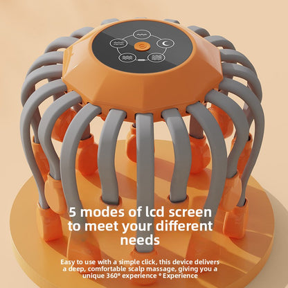 Orange and gray scalp massager with LCD screen on a beige background