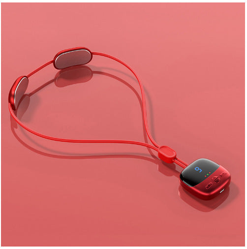 Red electronic massager device for neck with a red strap on.