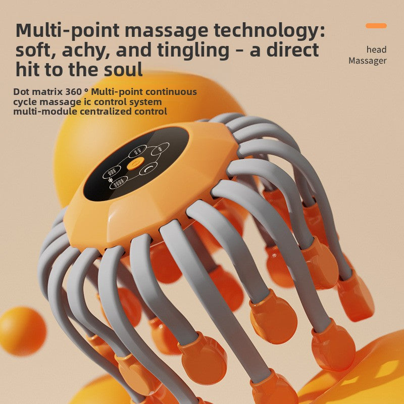 Orange and gray head massager with multi-point massage technology on a beige background