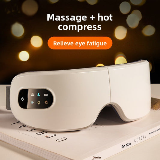 Smart eye massager with heated compression and adjustable strap for dry eyes and migraines.