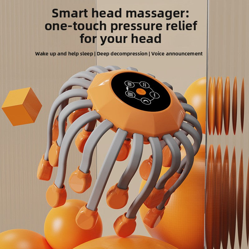 An orange and gray smart head massager with multiple flexible massage arms and a black control display, shown with promotional text on a beige background with orange spheres.