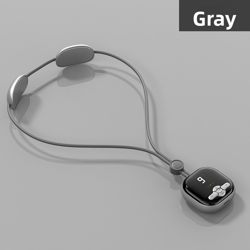 Gray neckband like massager with a display device on a gray background