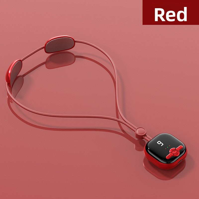 Red neckband massager with a square device on a red background
