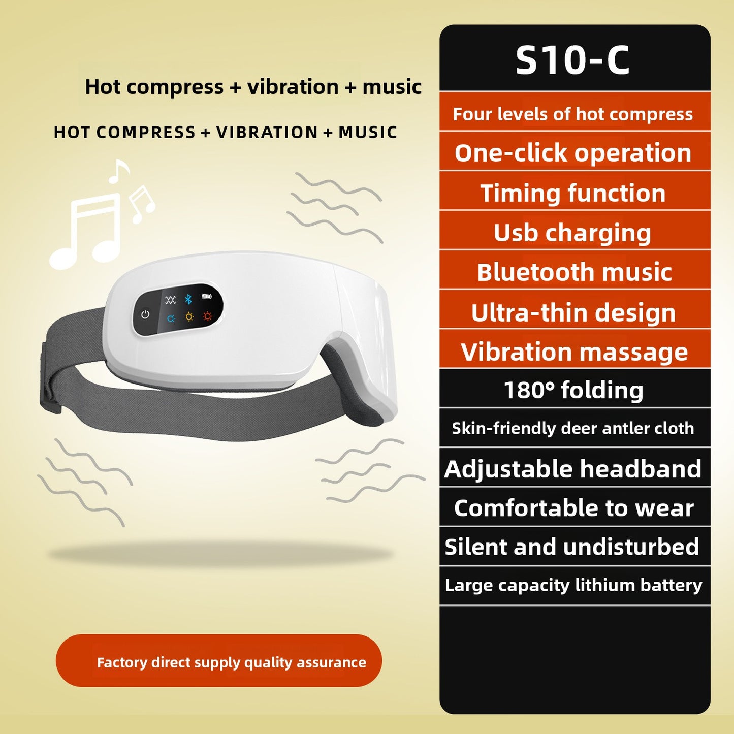 S10-C white smart eye massager featuring hot compress, vibration massage, Bluetooth music, and 180-degree folding design.