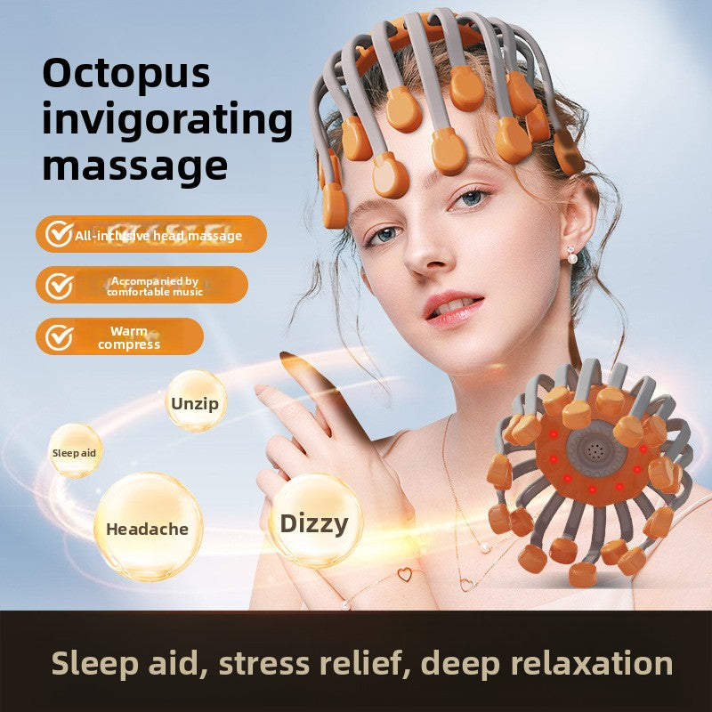 A woman wearing an octopus-shaped scalp massage device with orange and gray suction cups, shown against a light blue background with marketing text and feature callouts.