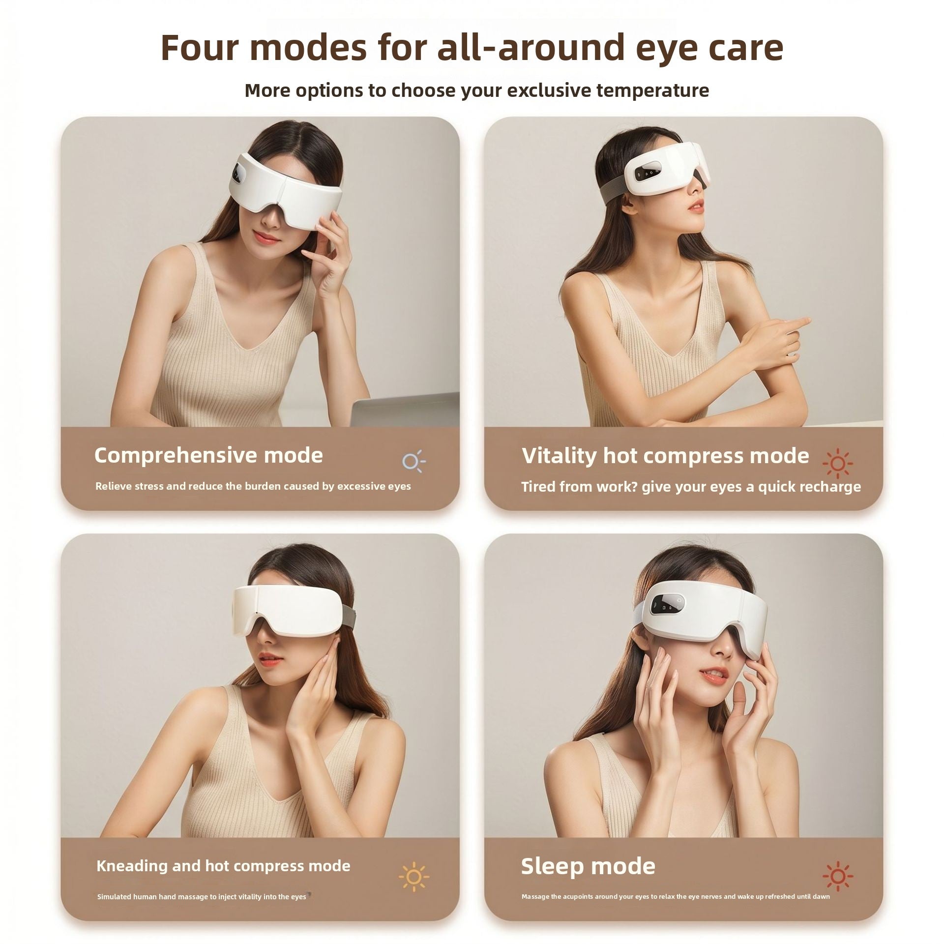 Woman wearing a white smart eye massager illustrating four eye care modes: Comprehensive, Vitality Hot Compress, Kneading, and Sleep mode.