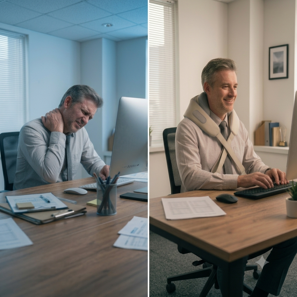 Office worker using a cordless heating neck shoulder massager at his desk.
